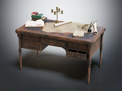 Vintage Wooden Desk With Books Candle Holder Scroll And Magnifying Glass 3d model