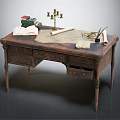 Vintage Wooden Desk With Books Candle Holder Scroll And Magnifying Glass