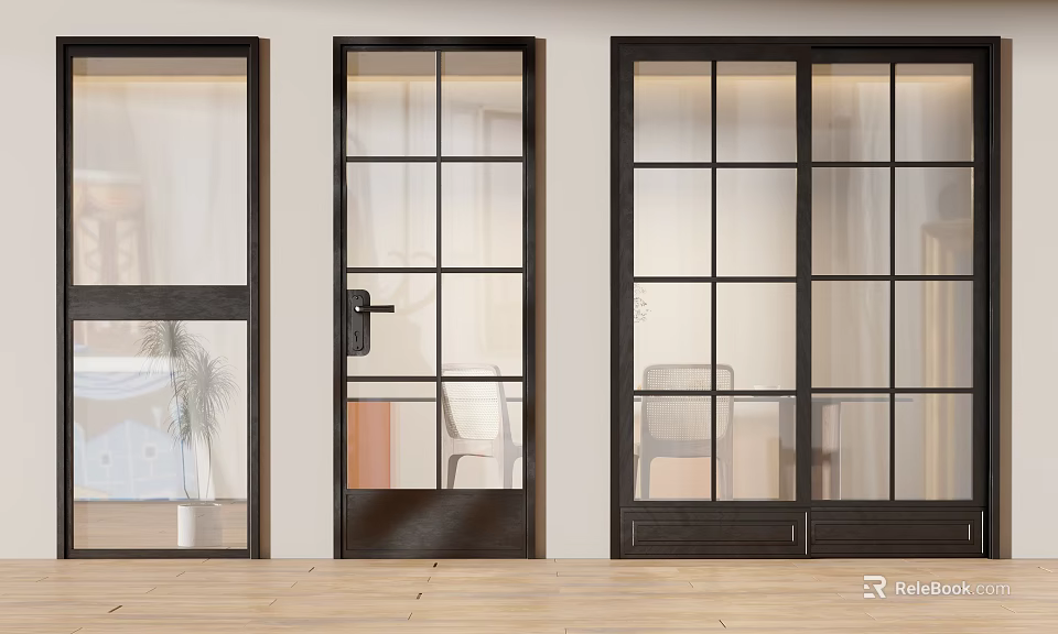 Modern Sliding Doors With Black Frames And Glass Panels In Interior Space 3d model 