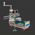 Hospital Medical Bed With Multiple Monitor Displays And Adjustable Equipment Arm