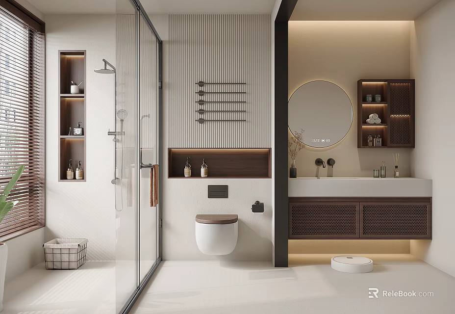 Modern Bathroom Interior With Glass Shower Enclosure Wall Mounted Toilet Round Mirror And Wooden Shelves 3d model 