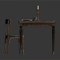 Rustic Wooden Table With Vintage Chair Candle Book Cup And Scissors