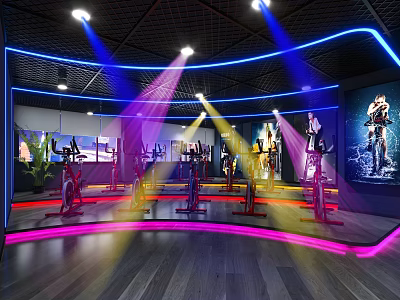 Modern Fitness Studio With Spin Bikes Neon Lights And Large Screen 3d model