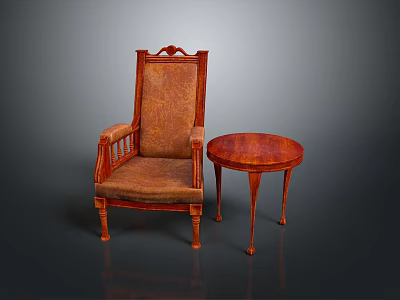 Brown Upholstered Armchair With Wooden Frame And Small Round Table 3d model