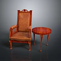 Brown Upholstered Armchair With Wooden Frame And Small Round Table