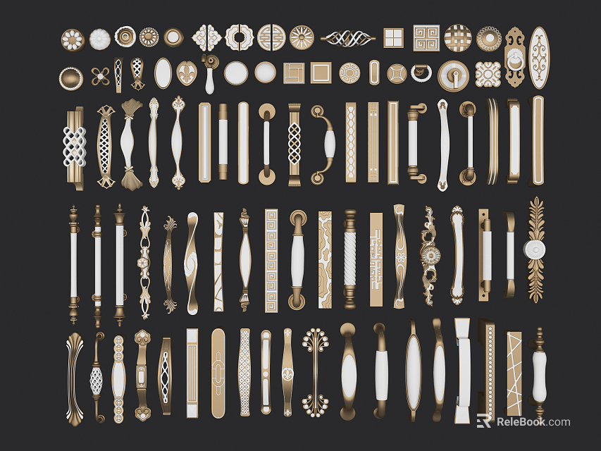 Modern and Classic Decorative Handles with Diverse Designs and Metal Finishes 3d model 
