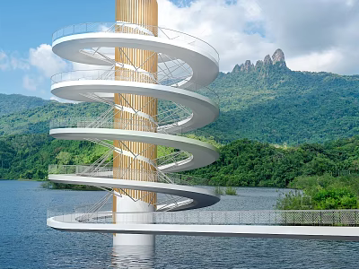 White And Wooden Spiral Staircase By Lake With Greenery Mountains Blue Sky And Clouds 3d model