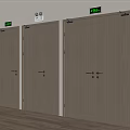 Wooden Emergency Exit Doors With Green Signs In Indoor Wooden Flooring Setting