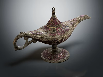 Antique Ornate Oil Lamp With Intricate Brass Carvings And Red Enamel Details 3d model