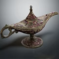 Antique Ornate Oil Lamp With Intricate Brass Carvings And Red Enamel Details