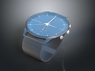 Modern Blue Dial Watch with Metal Mesh Strap and Sleek Design 3d model