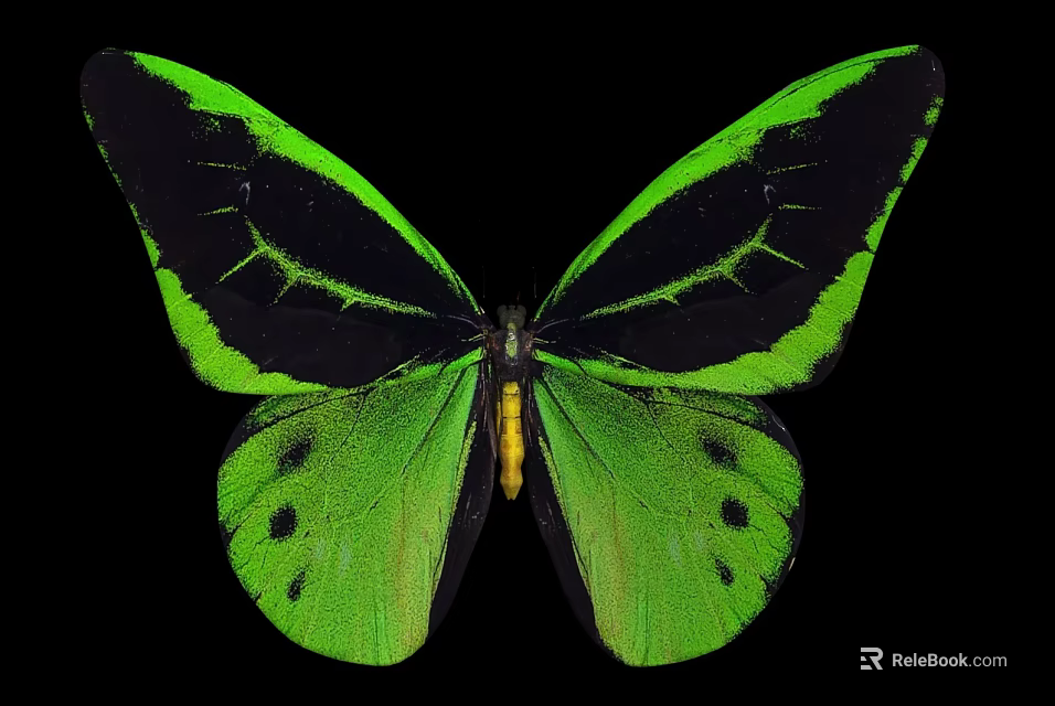Vibrant Green and Black Butterfly with Spread Wings on Black Background 3d model 