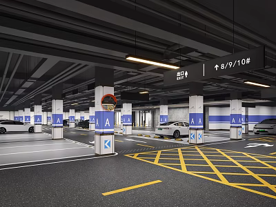 Modern Indoor Parking Garage With White Pillars Blue Zone Signs And Yellow Lines 3d model