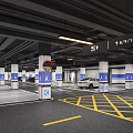 Modern Indoor Parking Garage With White Pillars Blue Zone Signs And Yellow Lines
