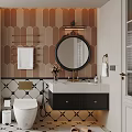 Modern Bathroom Interior Design With Round Mirror Vanity And Tiled Walls
