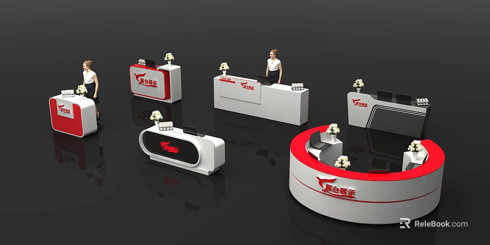 Feigechao Reception Desks With Various Designs White Red Color Scheme And Staff Figures 3d model 