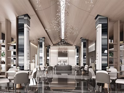 Modern Elegant Sales Office Interior with Spacious Bright Marble Flooring Chandeliers Sofas and Tables 3d model