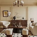 Elegant Living Room Interior With Decorative Paneled Walls Chandelier Fireplace Beige Sofa And Geometric Rug
