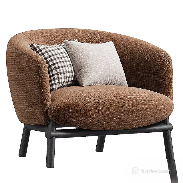 Modern Brown Accent Chair With Plaid And Light Colored Cushions And Black Legs 3d model 