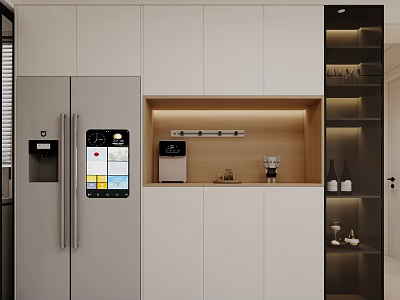 Modern Kitchen Sideboard Design With LED Lighting Smart Refrigerator And Decorations 3d model