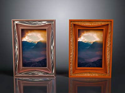 Brown and Orange Decorative Picture Frames With Landscape Paintings Mountains Cloudy Sky 3d model