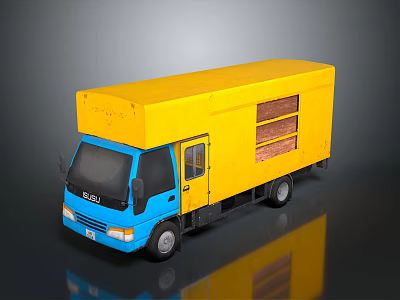 Daily Living Essentials Transported By Yellow Box Truck With Blue Cab And Wooden Sections 3d model