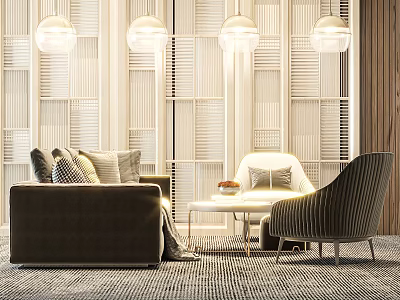 Modern Minimalist Sofa and Coffee Table Set With Armchair Cushions and Pendant Lights 3d model