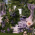 Check in Photo Spot With Purple Pink Flowers Green Plants White Columns And Purple Drapes