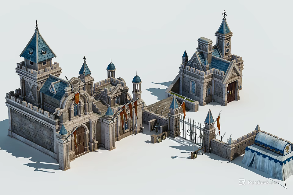 Ancient Medieval Fortress Architecture With Stone Walls Towers Spires And Flags 3d model 