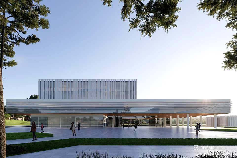 Modern Building With Glass Curtain Wall In Open Plaza With Pedestrians And Trees 3d model 