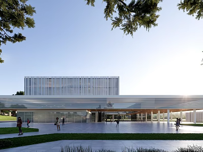 Modern Building With Glass Curtain Wall In Open Plaza With Pedestrians And Trees 3d model