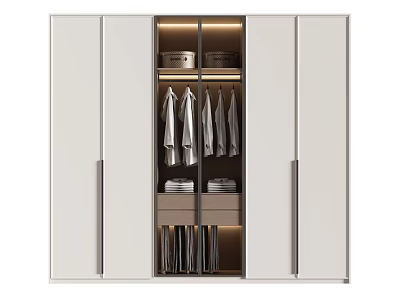 Modern Wardrobe Interior With White Doors Hanging Clothes Folded Items And Storage Drawers 3d model