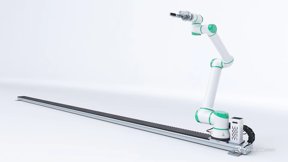 Industrial Robotic Arm Equipment with White and Green Design Mounted on Linear Track System 3d model