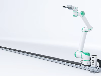 Industrial Robotic Arm Equipment with White and Green Design Mounted on Linear Track System 3d model