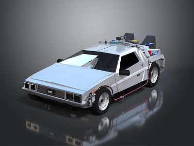 Silver DeLorean Car With Gull Wing Doors And Futuristic Roof Equipment 3d model