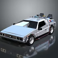 Silver DeLorean Car With Gull Wing Doors And Futuristic Roof Equipment