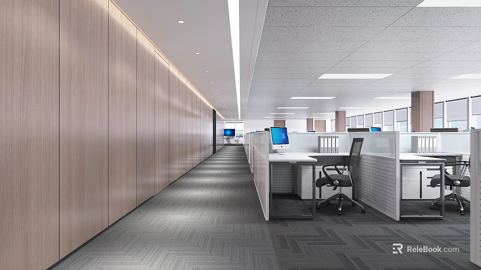 Spacious Modern Public Office Space With Cubicles Desks Computers And Wooden Walls 3d model 