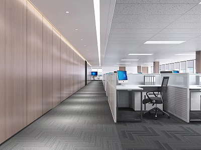 Spacious Modern Public Office Space With Cubicles Desks Computers And Wooden Walls 3d model