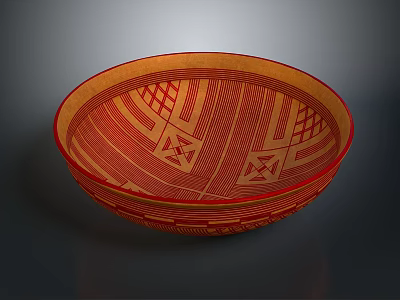 Hand Carved Decorative Bowl With Red And Yellow Geometric Patterns Design 3d model