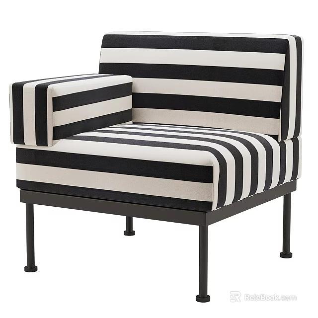 Black And White Striped Single Seater Sofa With Fabric Upholstery And Metal Legs 3d model 