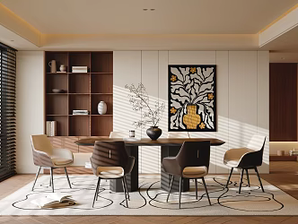 Middle Ancient Style Restaurant Dining Table and Chair Dining Chair Decorative Cabinet Carpet Jewelry Ornaments Decorative Painting 3d model