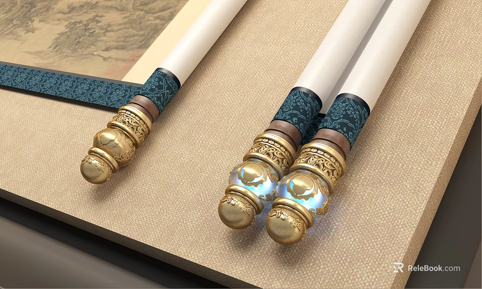 Traditional White Shafts With Golden Decorated Ends And Blue Glowing Accents On Fabric With Scroll 3d model 