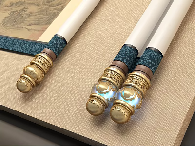 Traditional White Shafts With Golden Decorated Ends And Blue Glowing Accents On Fabric With Scroll 3d model