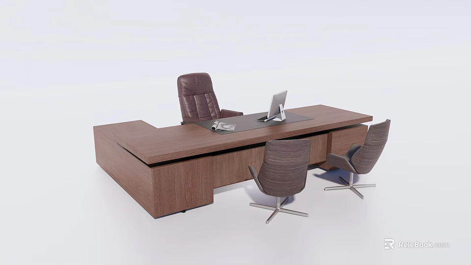 Modern Wooden Office Desk With Laptop Office Supplies And Leather Chairs 3d model 