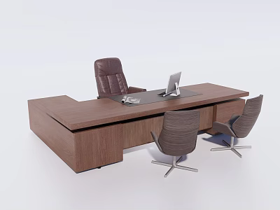 Modern Wooden Office Desk With Laptop Office Supplies And Leather Chairs 3d model