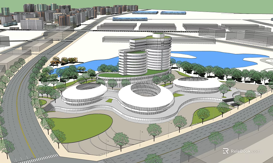 Modern Round-Shaped Hotel Building With Water Features Green Spaces And Urban Setting 3d model 
