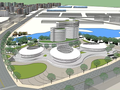 Modern Round-Shaped Hotel Building With Water Features Green Spaces And Urban Setting 3d model