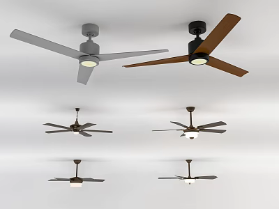 Various Designed Ceiling Fans With Different Colors And Blade Numbers Mounted On White Ceiling 3d model