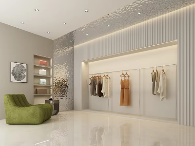 Modern Clothing Store Interior Design With Hanging Dresses Green Sofa Decorative Painting And Shelves 3d model