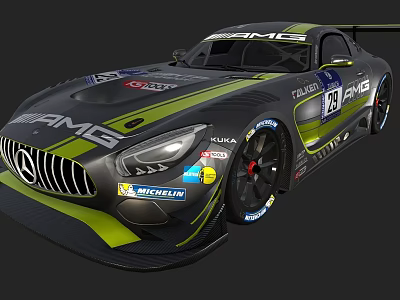 Mercedes AMG Racing Car With Green Stripes And Sponsor Badges 3d model